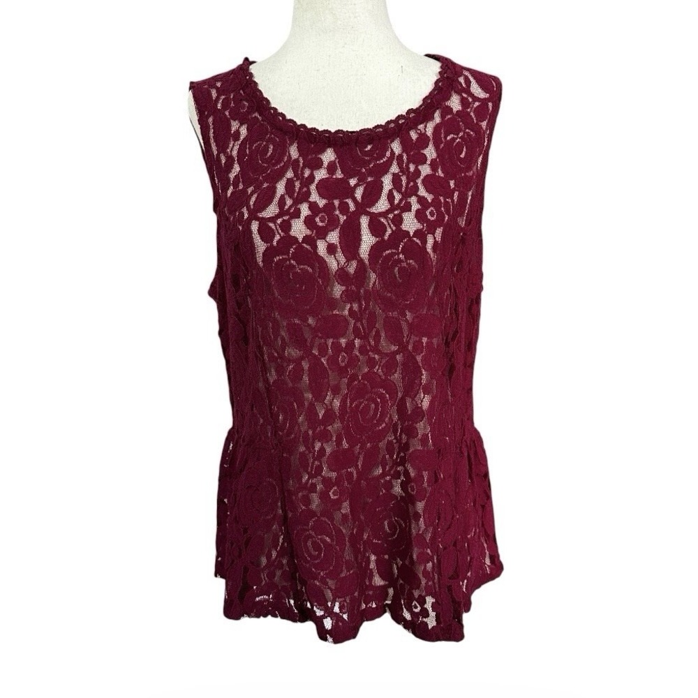 Lauren Conrad Women Size Large Lace Unlined Top Blouse Burgundy | 73-44